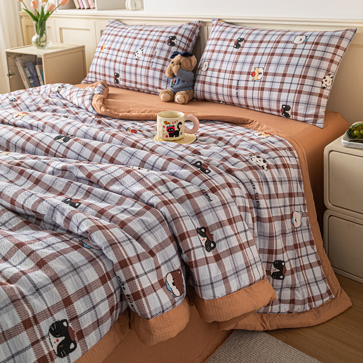 91家纺网 家纺一手货源 找家纺 几禾 2026新款A类云感双层纱夏被木棉皱皱纱棉花被小清新印花夏被夏凉被费尔岛空调被 可可小狗