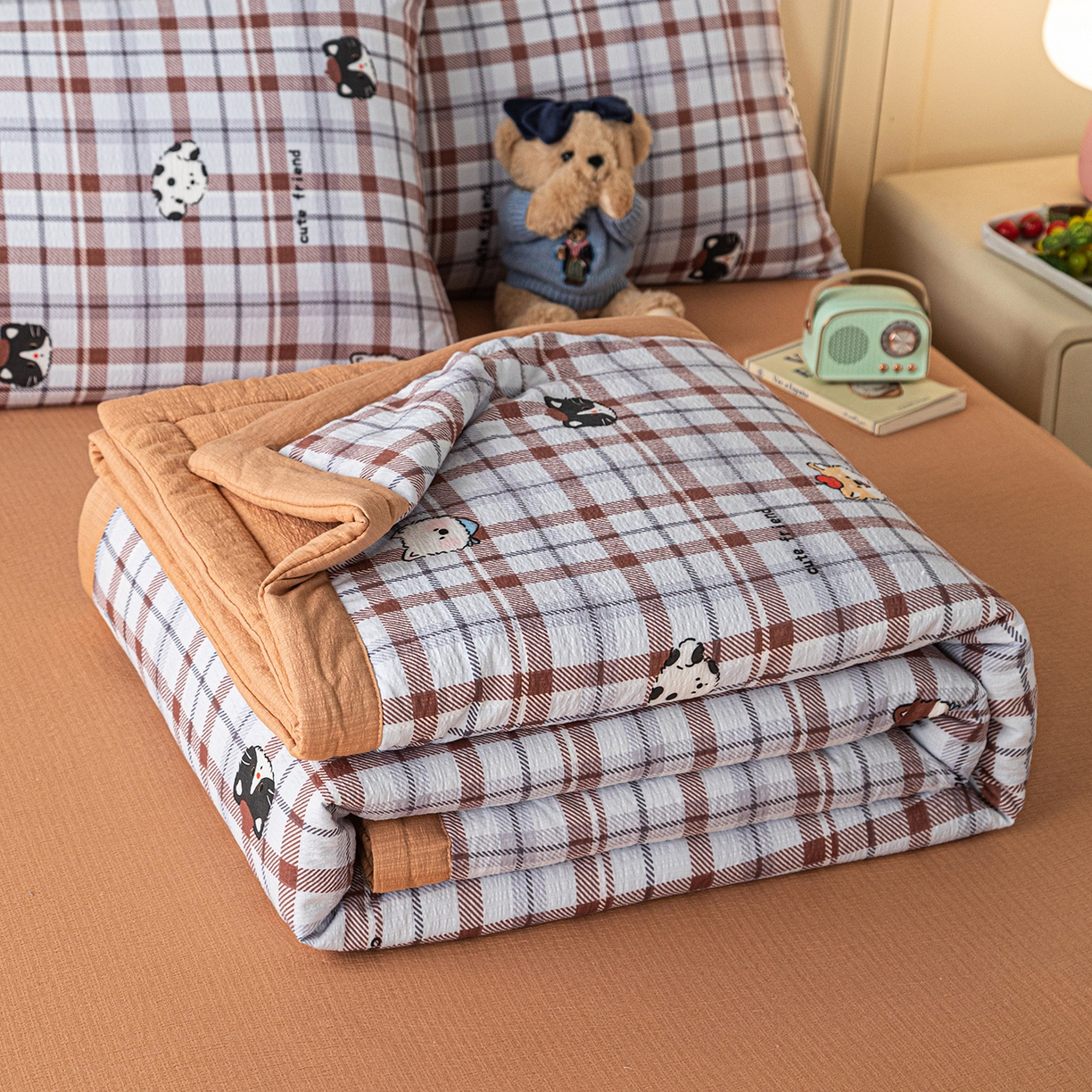 91家纺网 家纺一手货源 找家纺 几禾 2026新款A类云感双层纱夏被木棉皱皱纱棉花被小清新印花夏被夏凉被费尔岛空调被 可可小狗