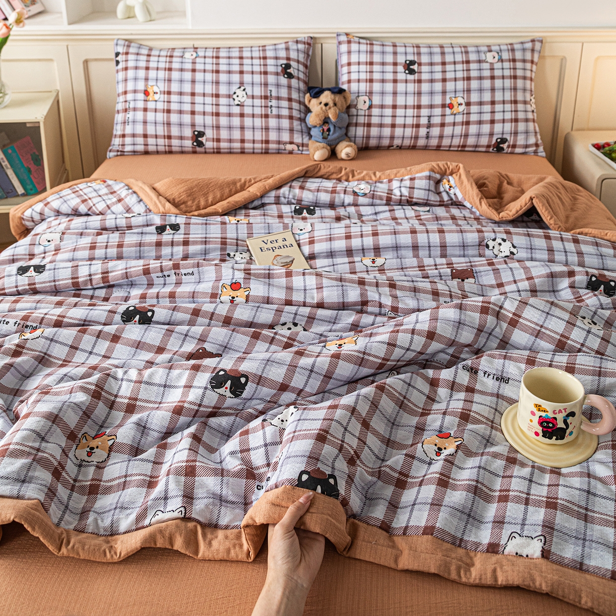 91家纺网 家纺一手货源 找家纺 几禾 2026新款A类云感双层纱夏被木棉皱皱纱棉花被小清新印花夏被夏凉被费尔岛空调被 可可小狗