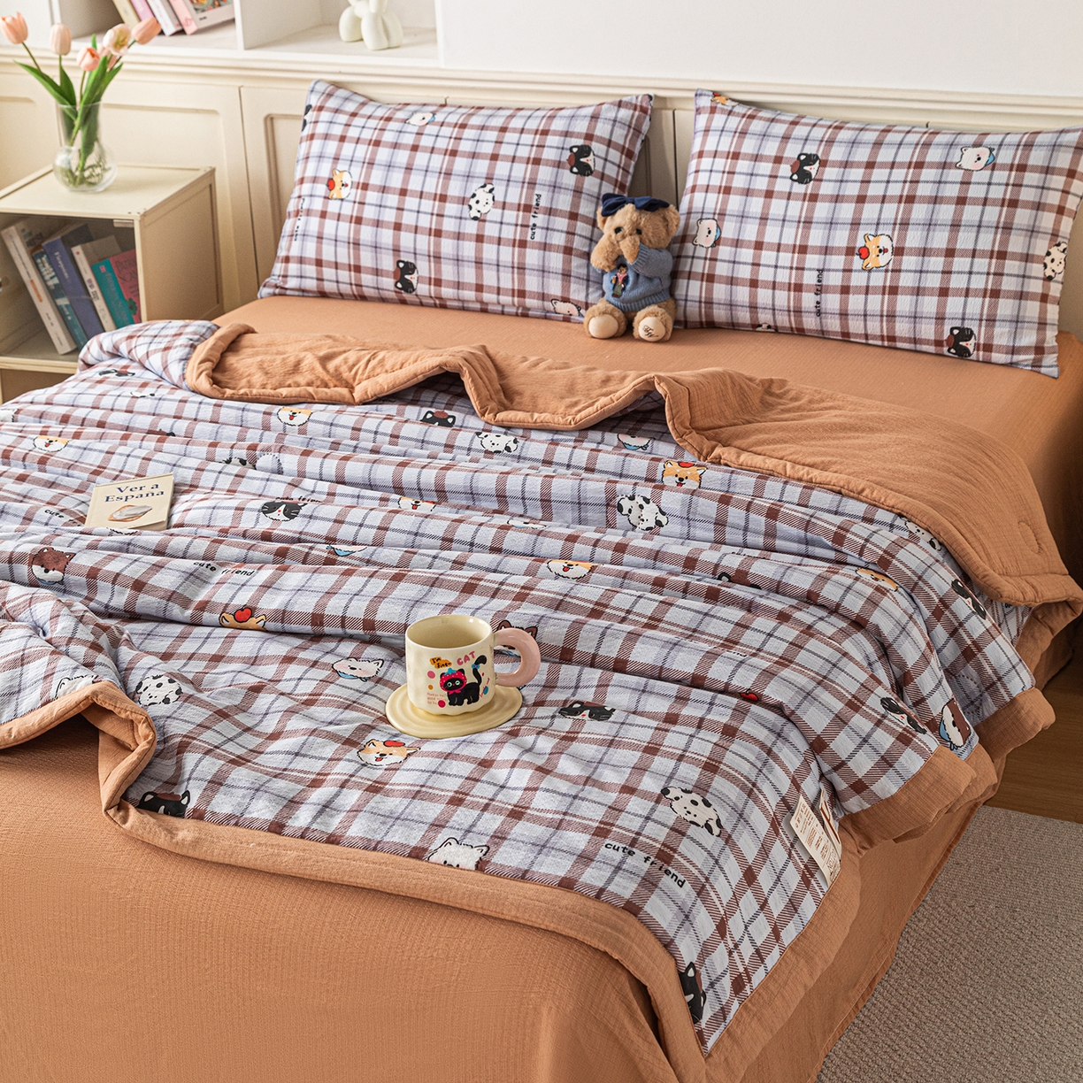 91家纺网 家纺一手货源 找家纺 几禾 2026新款A类云感双层纱夏被木棉皱皱纱棉花被小清新印花夏被夏凉被费尔岛空调被 可可小狗