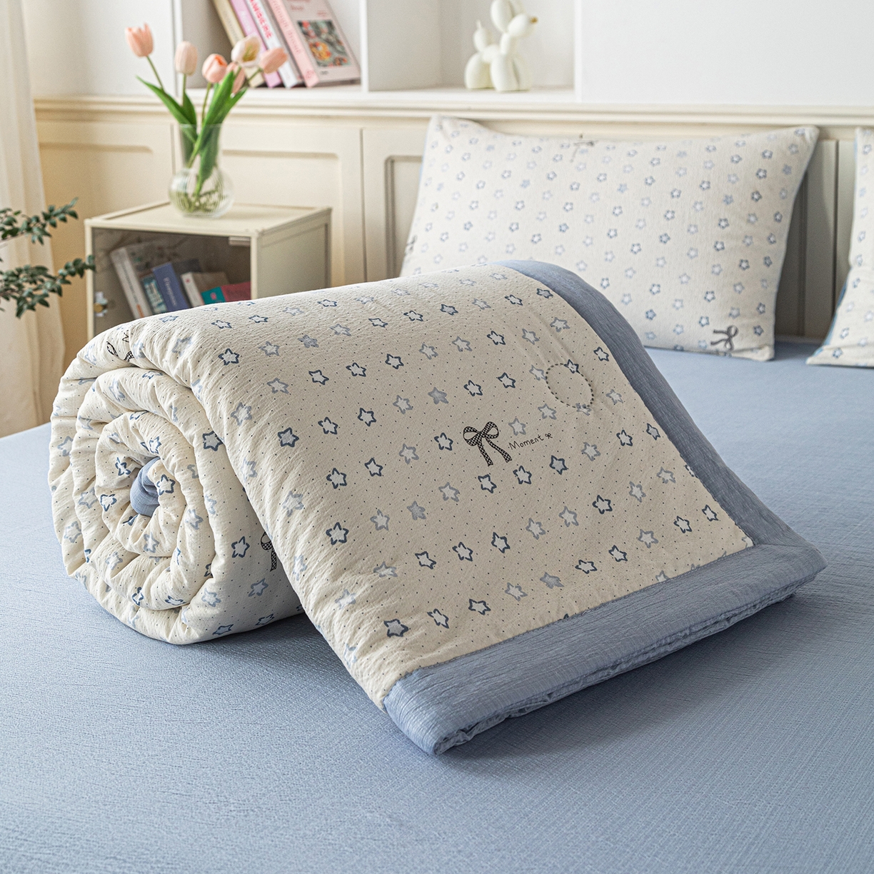 91家纺网 家纺一手货源 找家纺 几禾 2026新款A类云感双层纱夏被木棉皱皱纱棉花被小清新印花夏被夏凉被费尔岛空调被 摘星