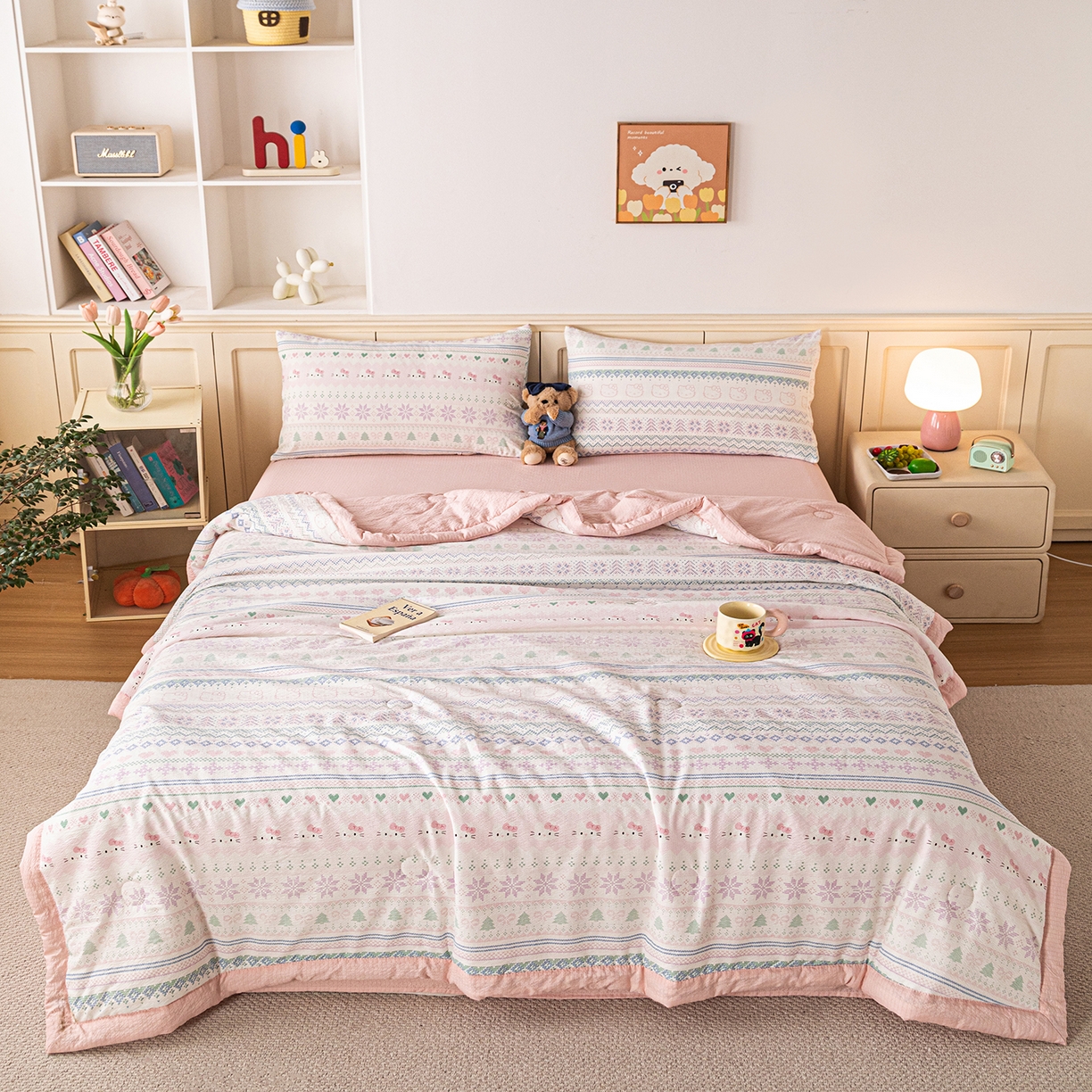 91家纺网 家纺一手货源 找家纺 几禾 2026新款A类云感双层纱夏被木棉皱皱纱棉花被小清新印花夏被夏凉被费尔岛空调被 猫趣