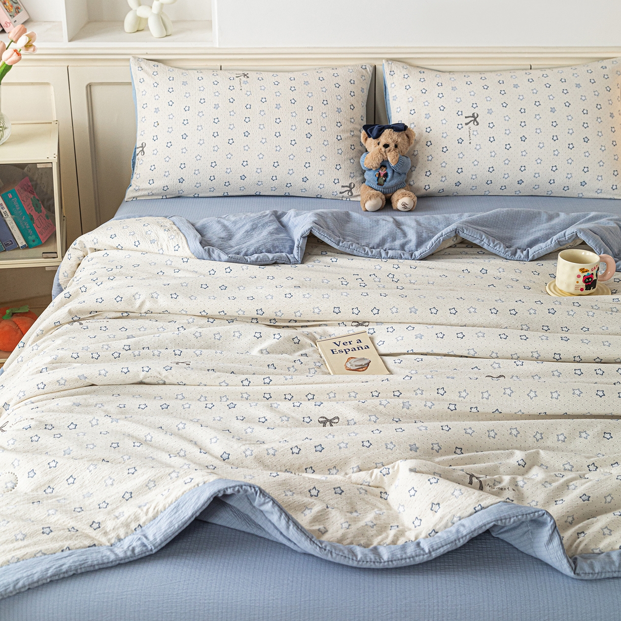 91家纺网 家纺一手货源 找家纺 几禾 2026新款A类云感双层纱夏被木棉皱皱纱棉花被小清新印花夏被夏凉被费尔岛空调被 摘星