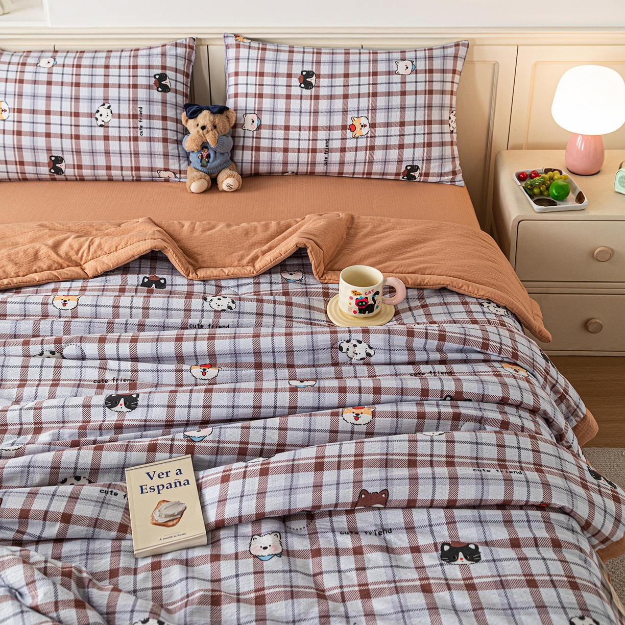 91家纺网 家纺一手货源 找家纺 几禾 2026新款A类云感双层纱夏被木棉皱皱纱棉花被小清新印花夏被夏凉被费尔岛空调被 可可小狗