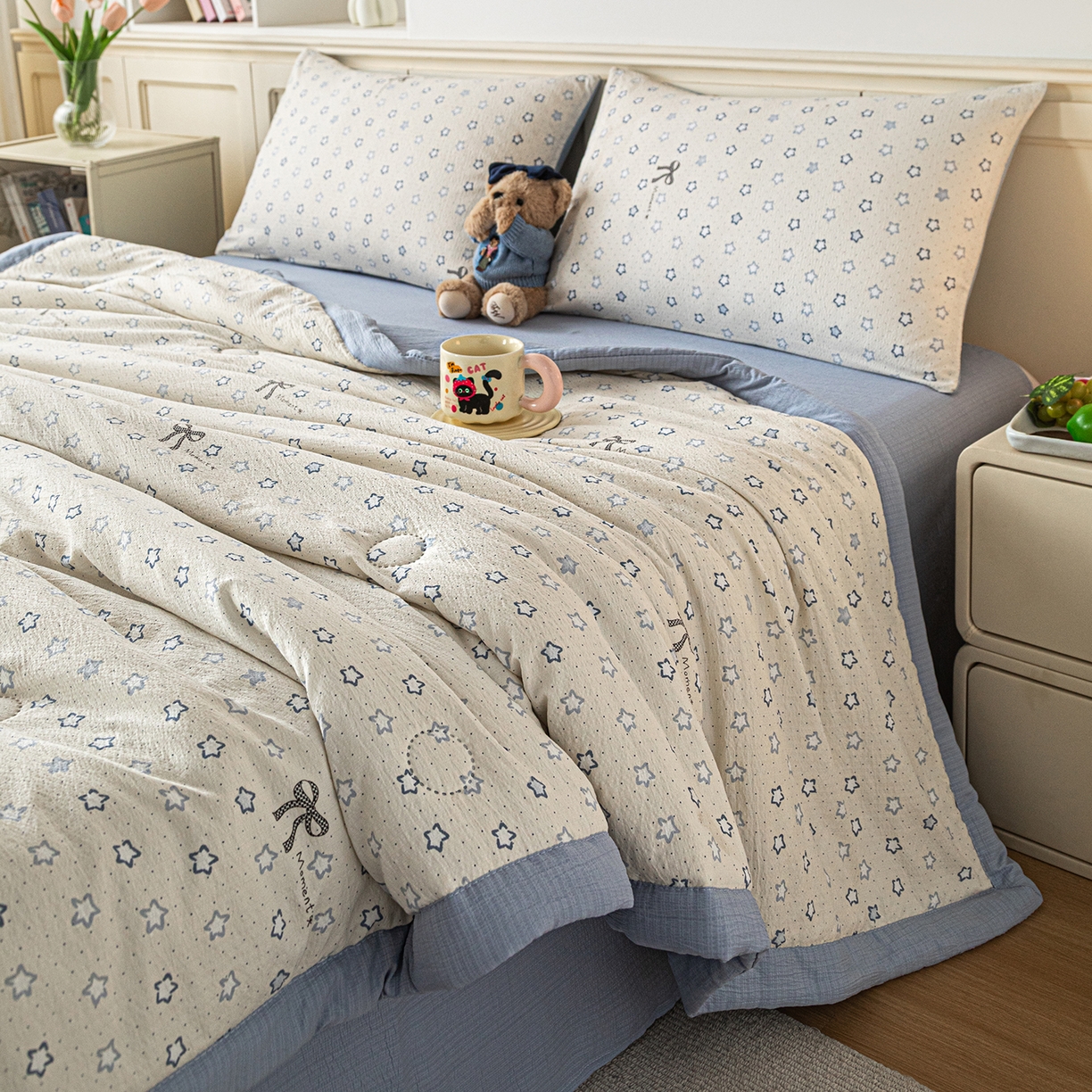 91家纺网 家纺一手货源 找家纺 几禾 2026新款A类云感双层纱夏被木棉皱皱纱棉花被小清新印花夏被夏凉被费尔岛空调被 摘星