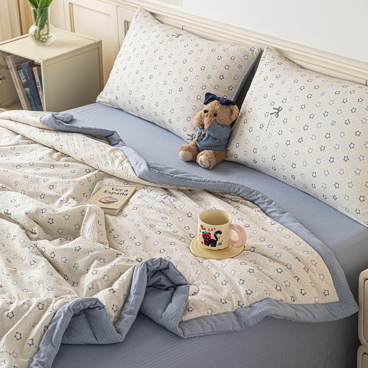 91家纺网 家纺一手货源 找家纺 几禾 2026新款A类云感双层纱夏被木棉皱皱纱棉花被小清新印花夏被夏凉被费尔岛空调被 摘星