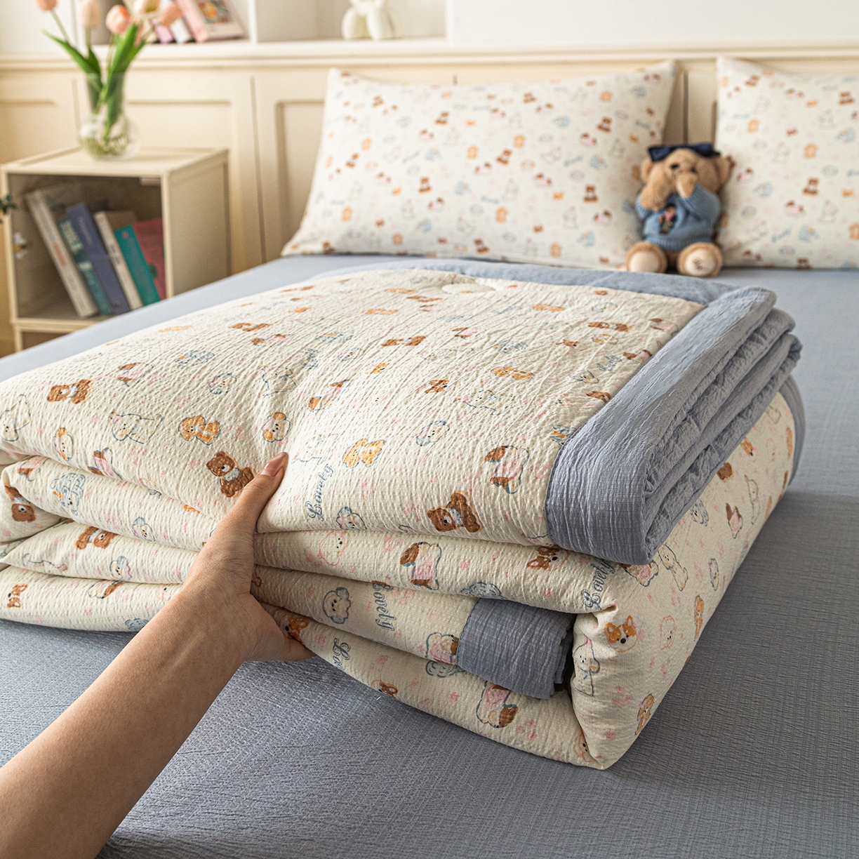 91家纺网 家纺一手货源 找家纺 几禾 2026新款A类云感双层纱夏被木棉皱皱纱棉花被小清新印花夏被夏凉被费尔岛空调被 泡芙狗