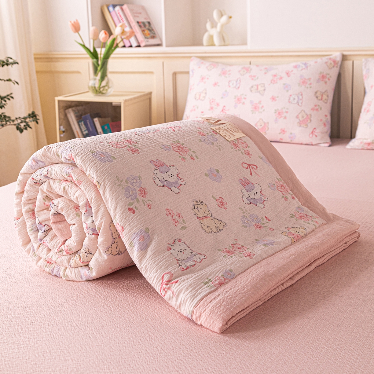 91家纺网 家纺一手货源 找家纺 几禾 2026新款A类云感双层纱夏被木棉皱皱纱棉花被小清新印花夏被夏凉被费尔岛空调被 软萌狗