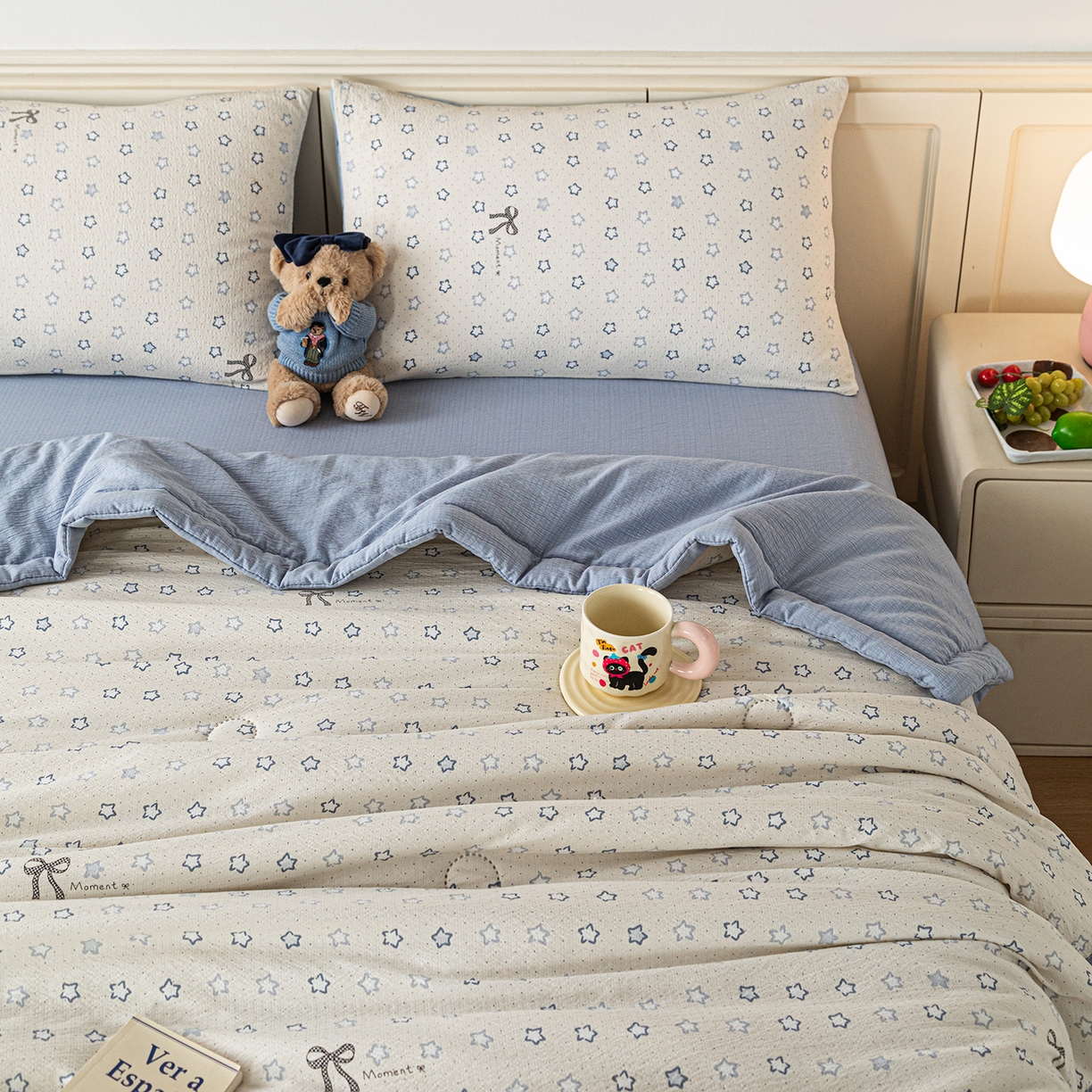 91家纺网 家纺一手货源 找家纺 几禾 2026新款A类云感双层纱夏被木棉皱皱纱棉花被小清新印花夏被夏凉被费尔岛空调被 摘星