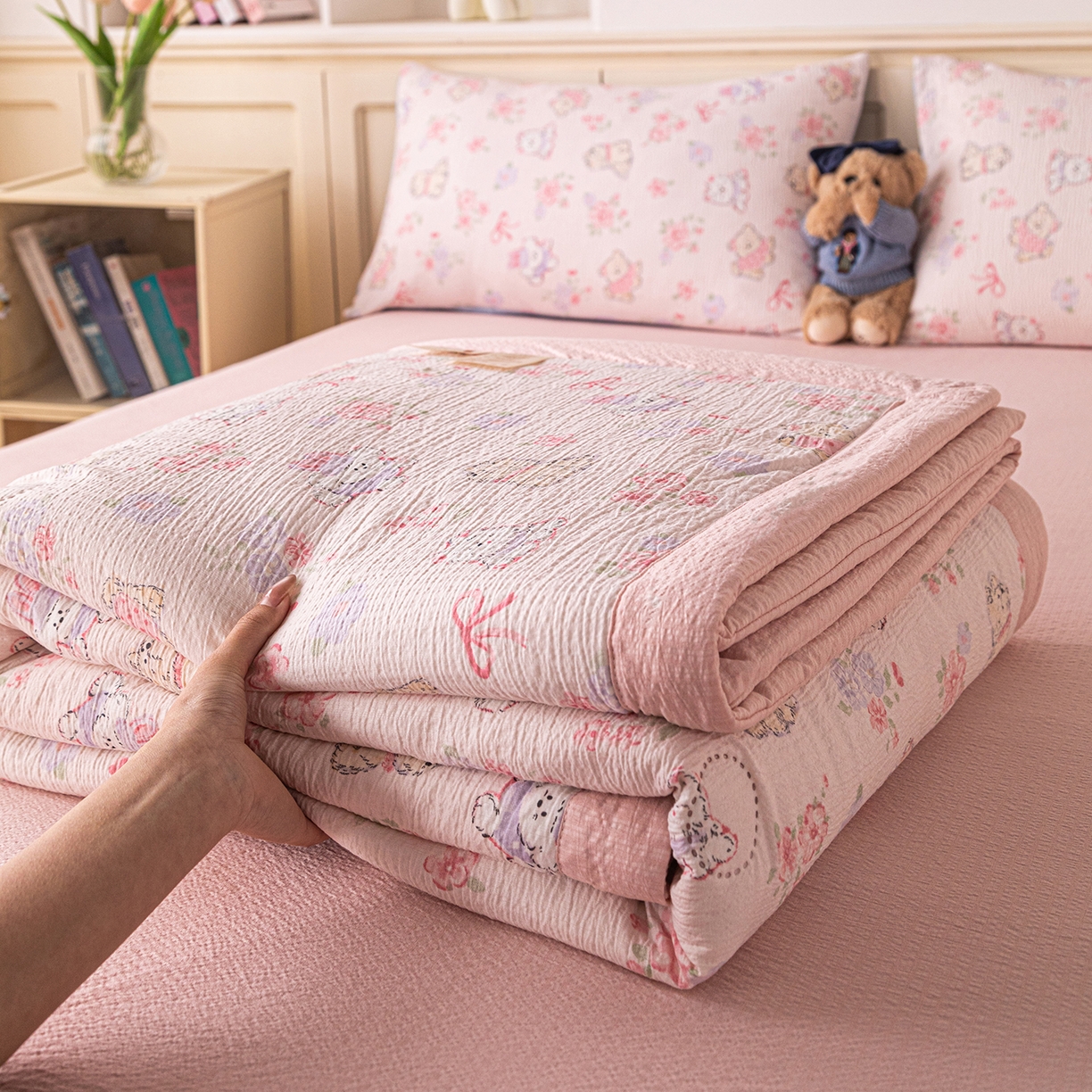 91家纺网 家纺一手货源 找家纺 几禾 2026新款A类云感双层纱夏被木棉皱皱纱棉花被小清新印花夏被夏凉被费尔岛空调被 软萌狗