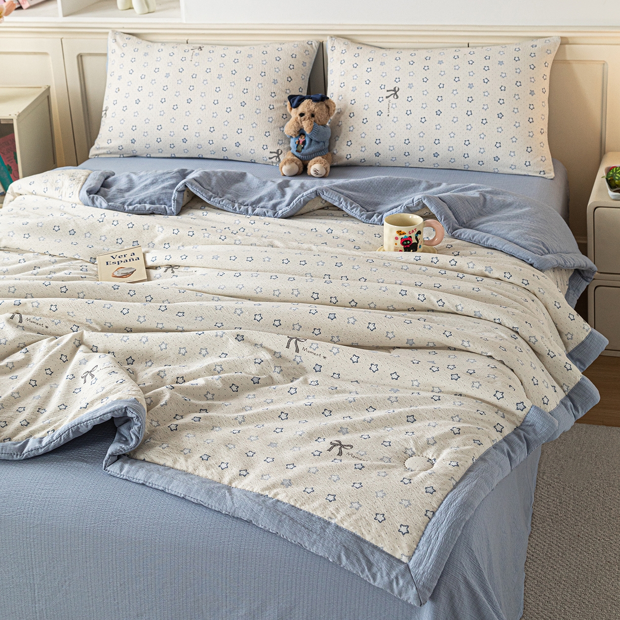 91家纺网 家纺一手货源 找家纺 几禾 2026新款A类云感双层纱夏被木棉皱皱纱棉花被小清新印花夏被夏凉被费尔岛空调被 摘星