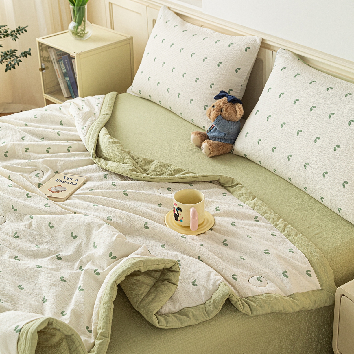 91家纺网 家纺一手货源 找家纺 几禾 2026新款A类云感双层纱夏被木棉皱皱纱棉花被小清新印花夏被夏凉被费尔岛空调被 嫩芽