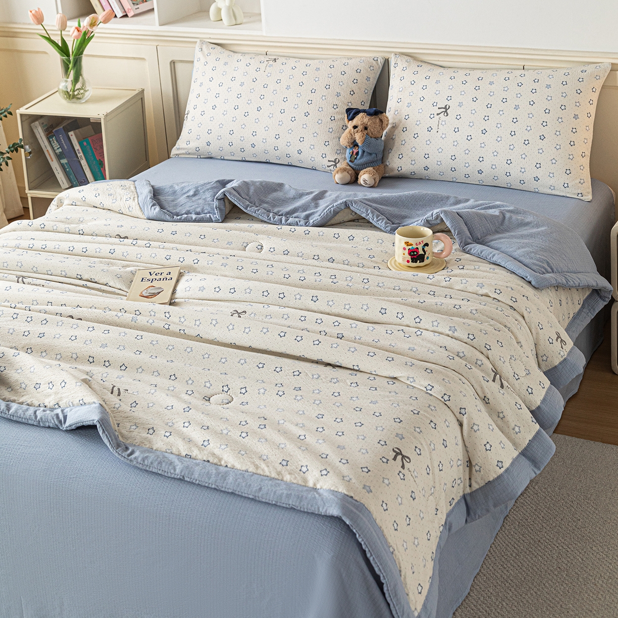 91家纺网 家纺一手货源 找家纺 几禾 2026新款A类云感双层纱夏被木棉皱皱纱棉花被小清新印花夏被夏凉被费尔岛空调被 摘星