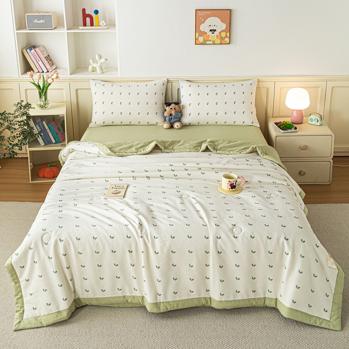 91家纺网 家纺一手货源 找家纺 几禾 2026新款A类云感双层纱夏被木棉皱皱纱棉花被小清新印花夏被夏凉被费尔岛空调被 嫩芽