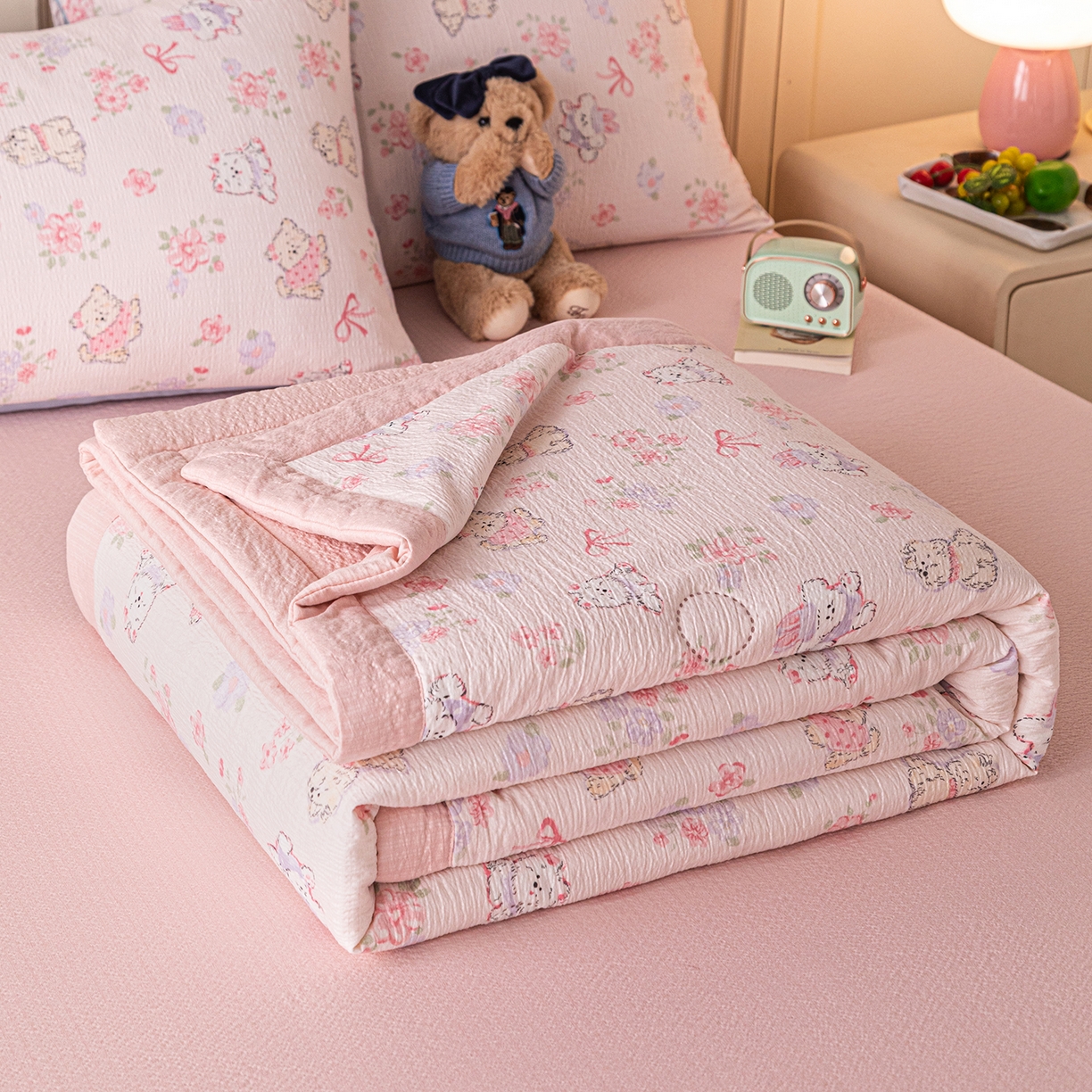 91家纺网 家纺一手货源 找家纺 几禾 2026新款A类云感双层纱夏被木棉皱皱纱棉花被小清新印花夏被夏凉被费尔岛空调被 软萌狗