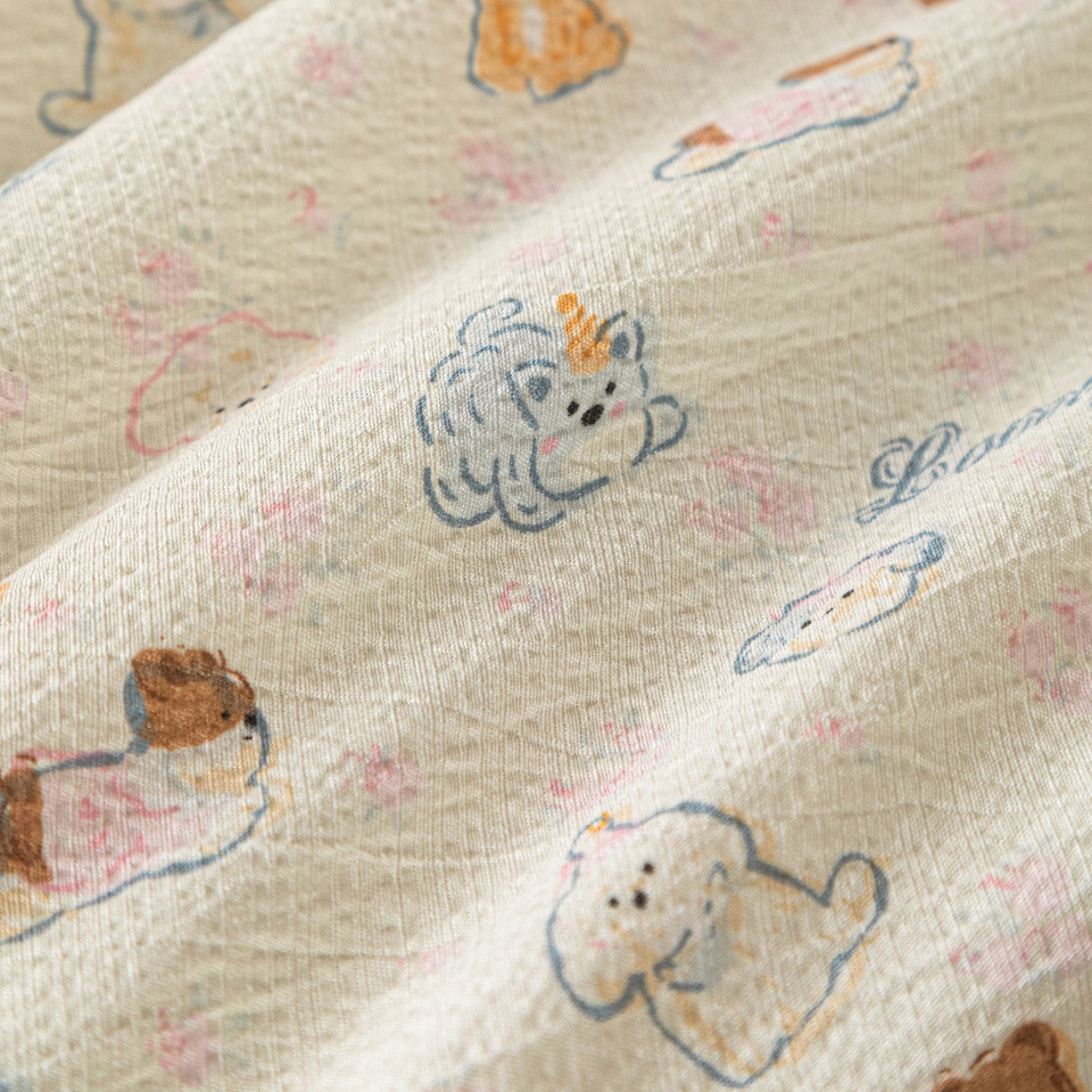 91家纺网 家纺一手货源 找家纺 几禾 2026新款A类云感双层纱夏被木棉皱皱纱棉花被小清新印花夏被夏凉被费尔岛空调被 泡芙狗