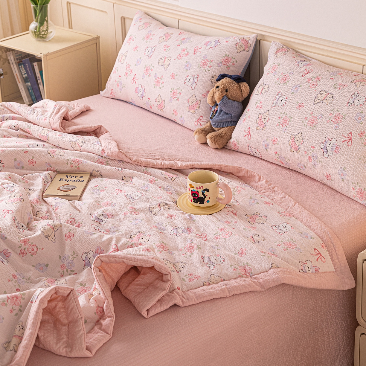 91家纺网 家纺一手货源 找家纺 几禾 2026新款A类云感双层纱夏被木棉皱皱纱棉花被小清新印花夏被夏凉被费尔岛空调被 软萌狗