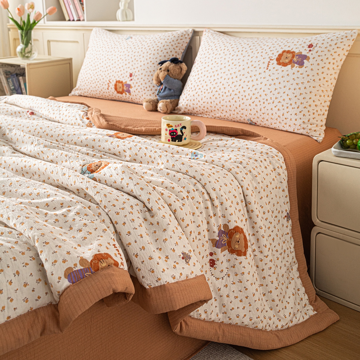 91家纺网 家纺一手货源 找家纺 几禾 2026新款A类云感双层纱夏被木棉皱皱纱棉花被小清新印花夏被夏凉被费尔岛空调被 狮子派对