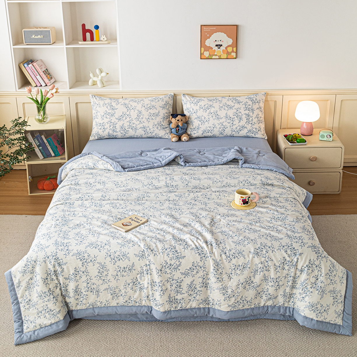 91家纺网 家纺一手货源 找家纺 几禾 2026新款A类云感双层纱夏被木棉皱皱纱棉花被小清新印花夏被夏凉被费尔岛空调被 蓝枝