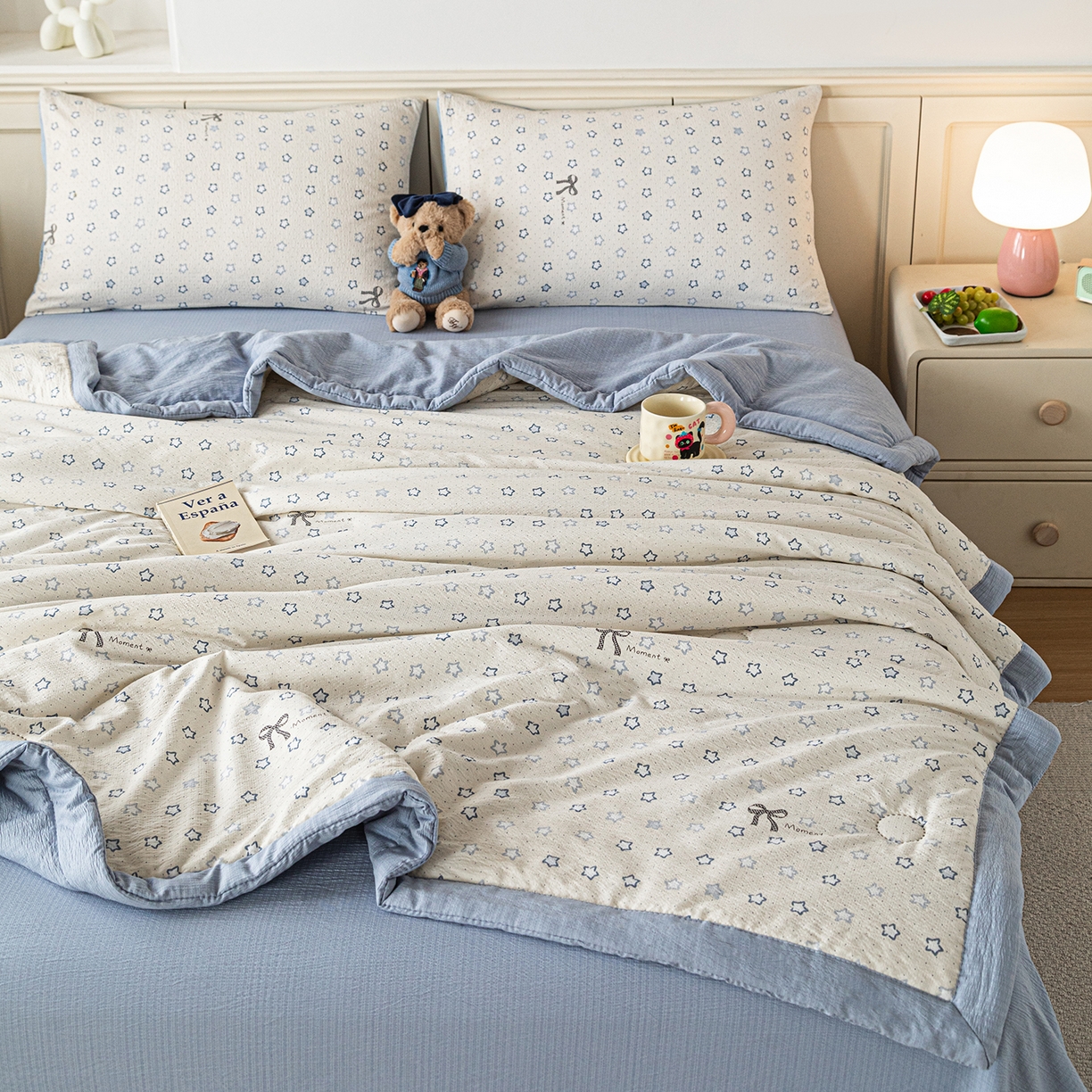 91家纺网 家纺一手货源 找家纺 几禾 2026新款A类云感双层纱夏被木棉皱皱纱棉花被小清新印花夏被夏凉被费尔岛空调被 摘星