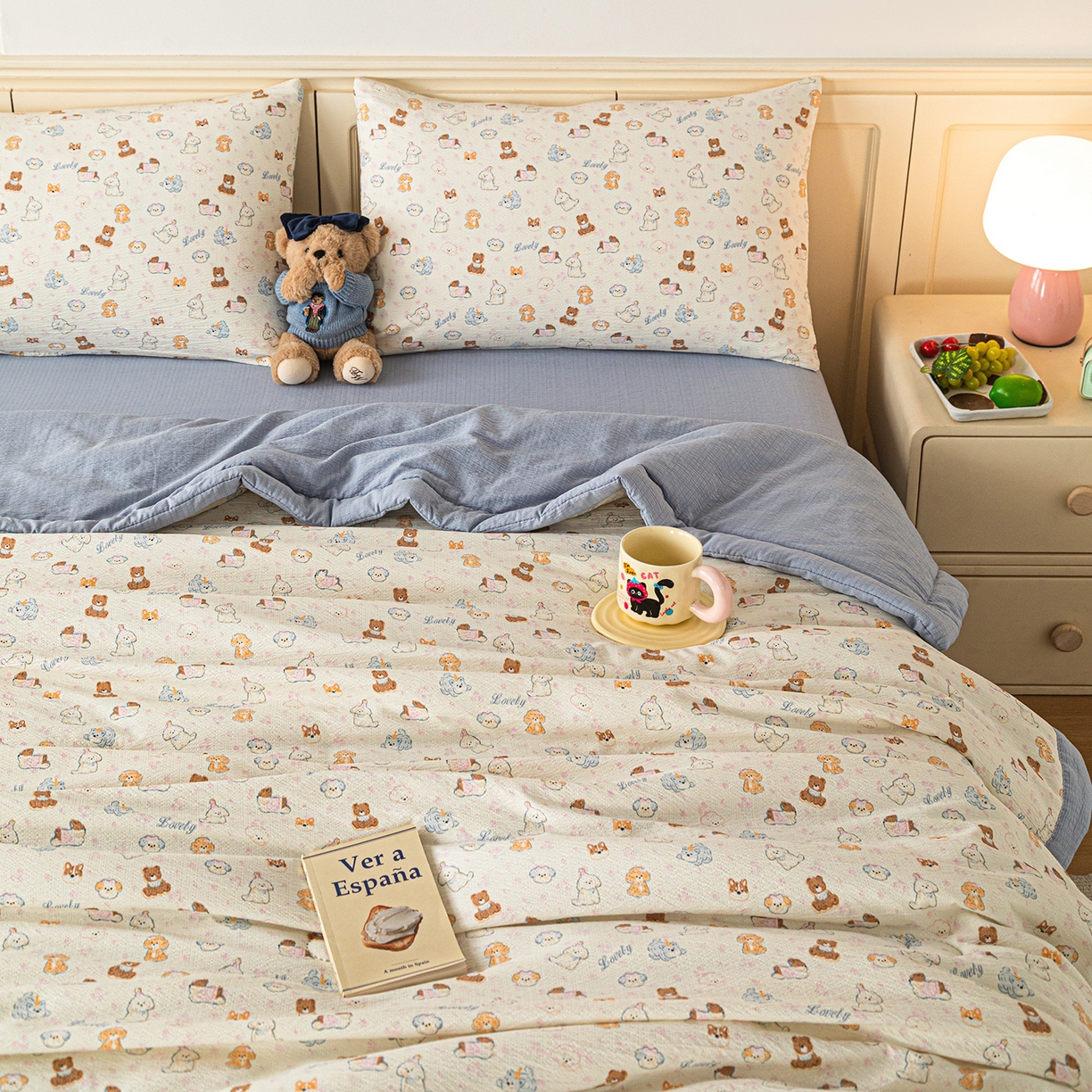 91家纺网 家纺一手货源 找家纺 几禾 2026新款A类云感双层纱夏被木棉皱皱纱棉花被小清新印花夏被夏凉被费尔岛空调被 泡芙狗