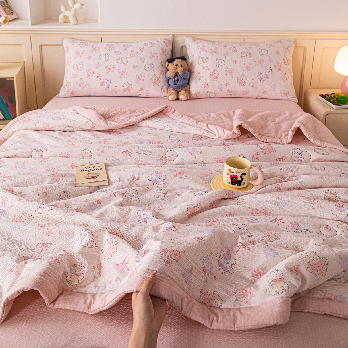 91家纺网 家纺一手货源 找家纺 几禾 2026新款A类云感双层纱夏被木棉皱皱纱棉花被小清新印花夏被夏凉被费尔岛空调被 软萌狗