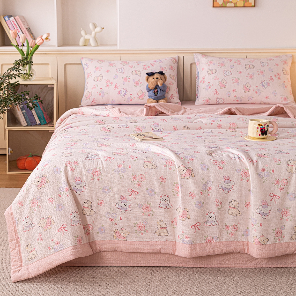 91家纺网 家纺一手货源 找家纺 几禾 2026新款A类云感双层纱夏被木棉皱皱纱棉花被小清新印花夏被夏凉被费尔岛空调被 软萌狗