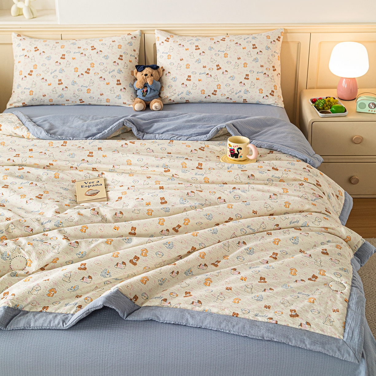 91家纺网 家纺一手货源 找家纺 几禾 2026新款A类云感双层纱夏被木棉皱皱纱棉花被小清新印花夏被夏凉被费尔岛空调被 泡芙狗