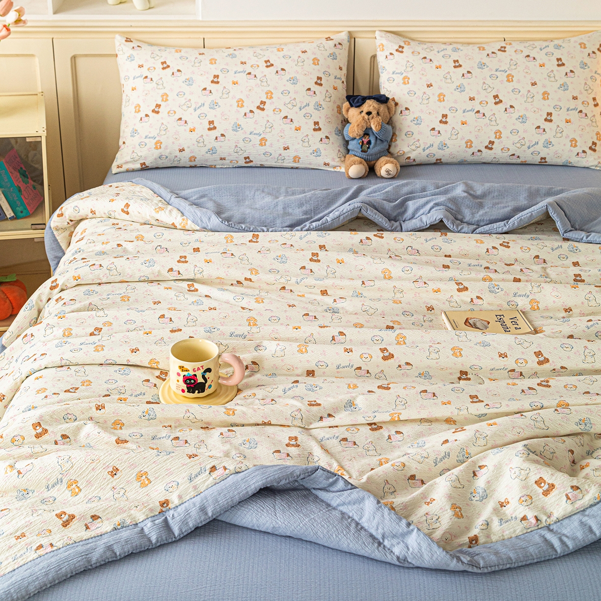 91家纺网 家纺一手货源 找家纺 几禾 2026新款A类云感双层纱夏被木棉皱皱纱棉花被小清新印花夏被夏凉被费尔岛空调被 泡芙狗