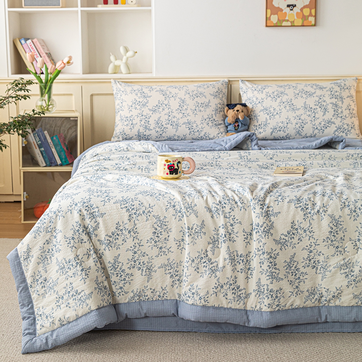 91家纺网 家纺一手货源 找家纺 几禾 2026新款A类云感双层纱夏被木棉皱皱纱棉花被小清新印花夏被夏凉被费尔岛空调被 蓝枝