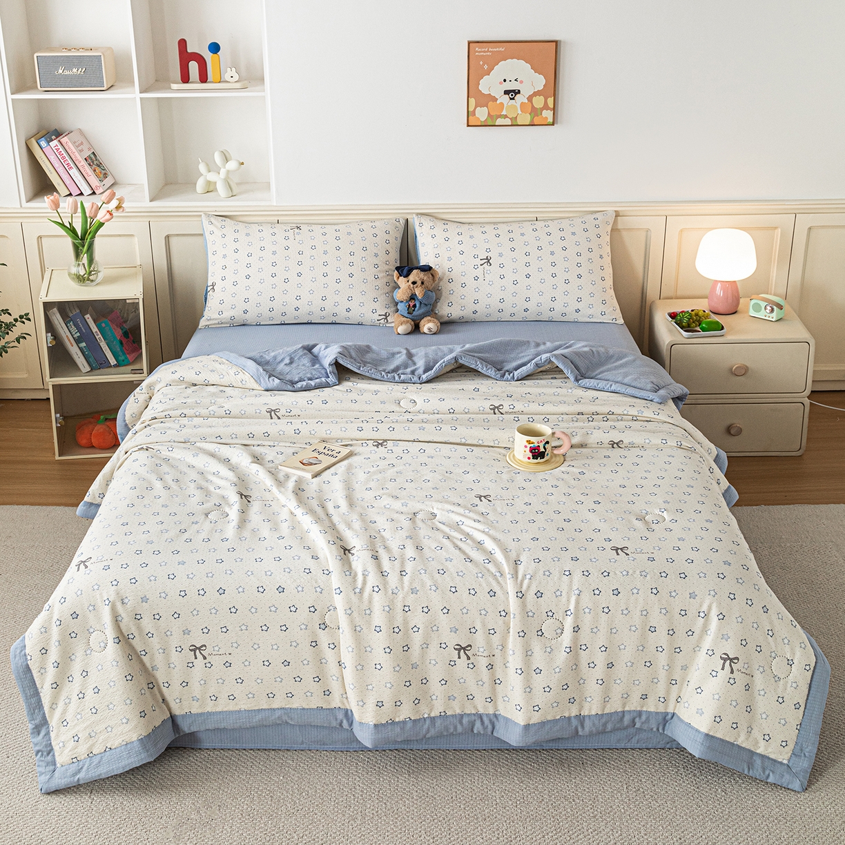 91家纺网 家纺一手货源 找家纺 几禾 2026新款A类云感双层纱夏被木棉皱皱纱棉花被小清新印花夏被夏凉被费尔岛空调被 摘星