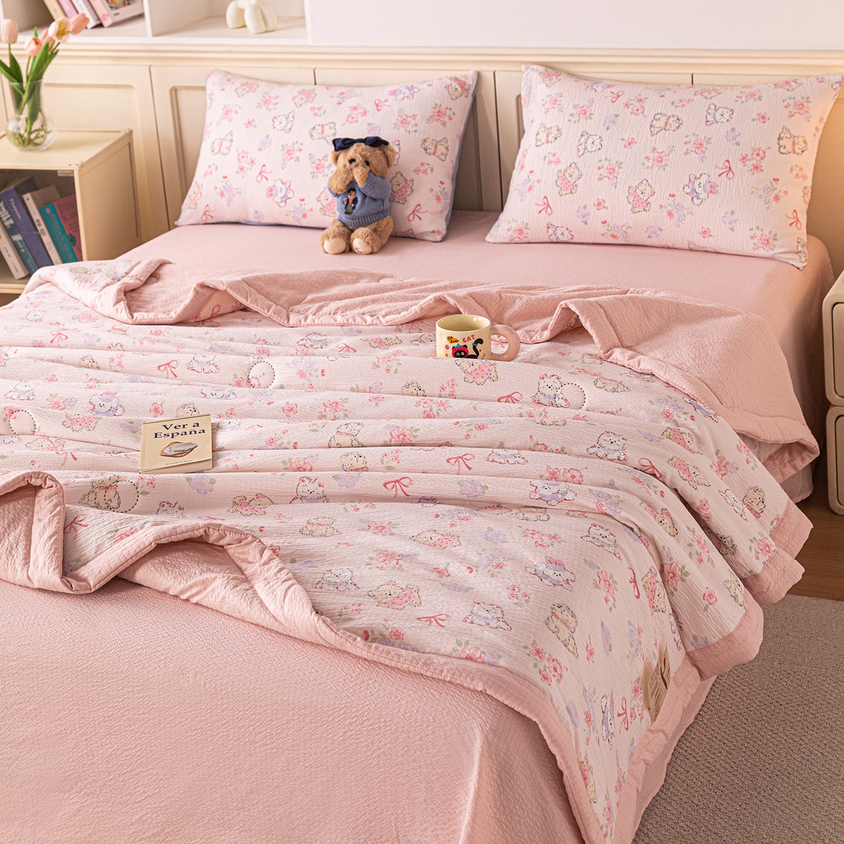 91家纺网 家纺一手货源 找家纺 几禾 2026新款A类云感双层纱夏被木棉皱皱纱棉花被小清新印花夏被夏凉被费尔岛空调被 软萌狗