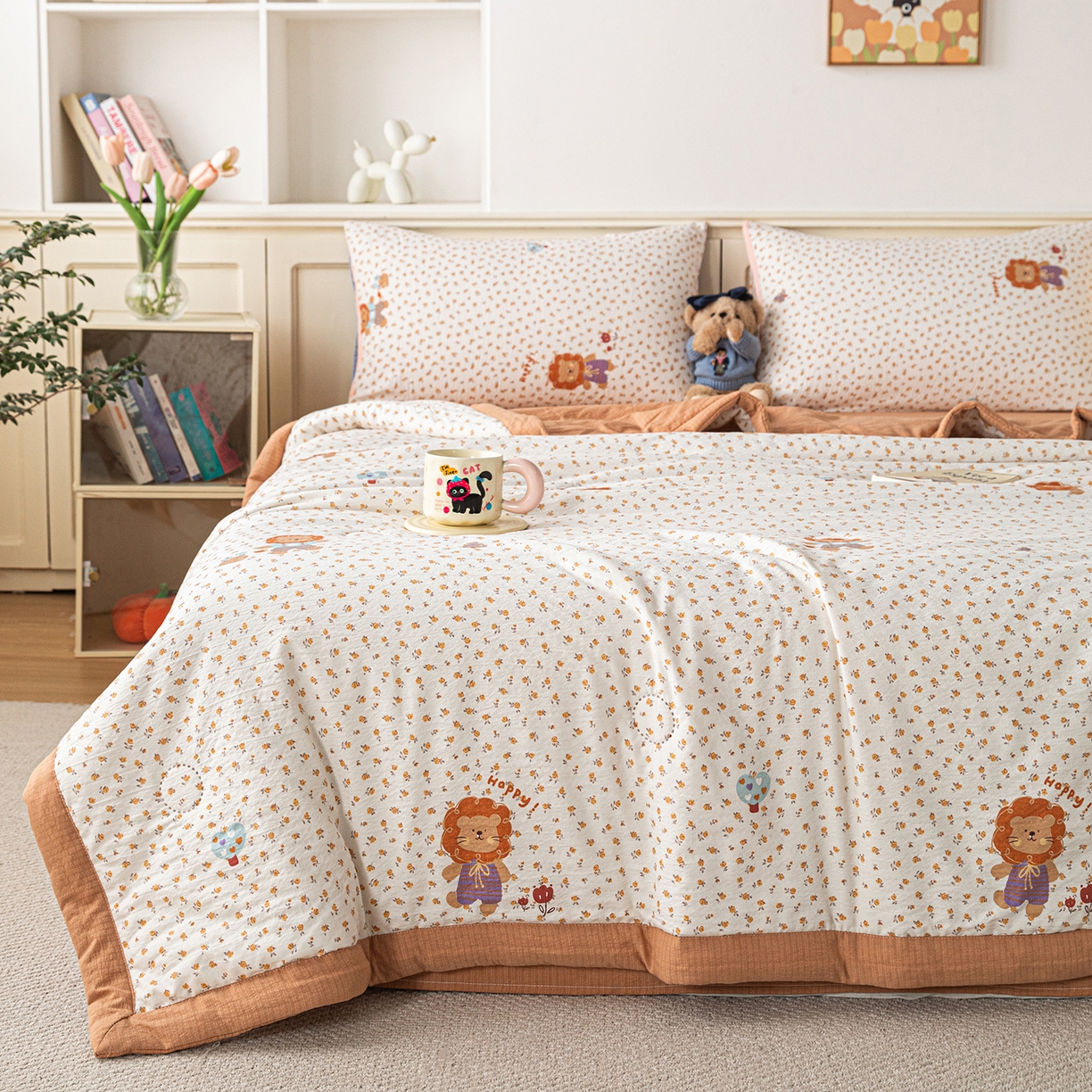 91家纺网 家纺一手货源 找家纺 几禾 2026新款A类云感双层纱夏被木棉皱皱纱棉花被小清新印花夏被夏凉被费尔岛空调被 狮子派对