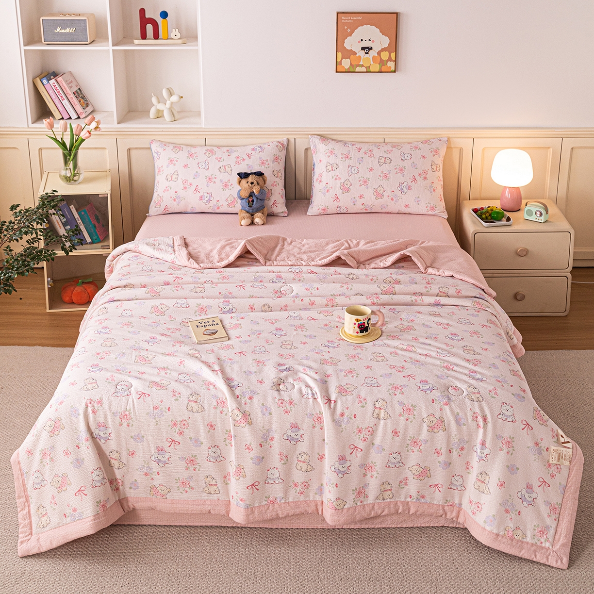 91家纺网 家纺一手货源 找家纺 几禾 2026新款A类云感双层纱夏被木棉皱皱纱棉花被小清新印花夏被夏凉被费尔岛空调被 软萌狗