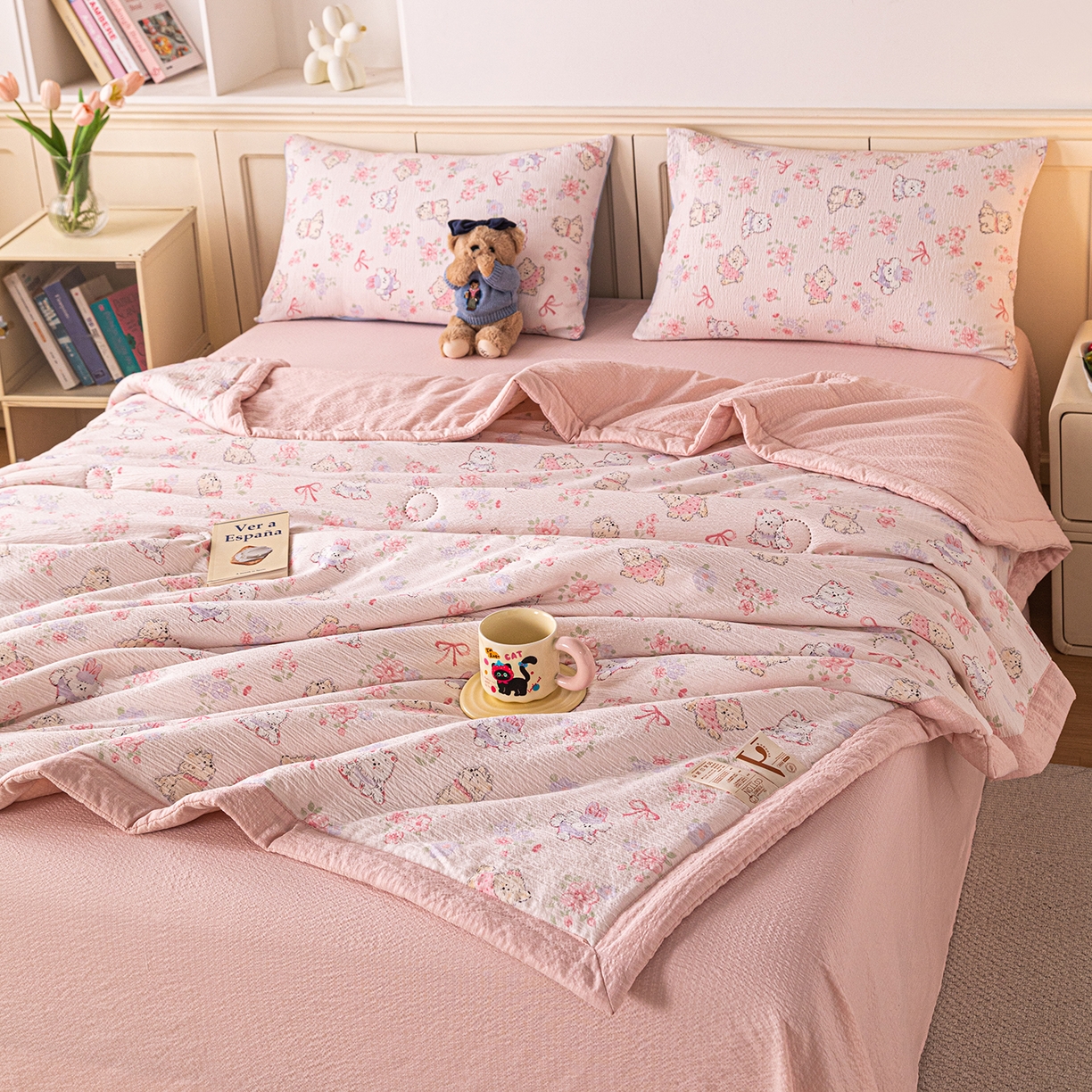 91家纺网 家纺一手货源 找家纺 几禾 2026新款A类云感双层纱夏被木棉皱皱纱棉花被小清新印花夏被夏凉被费尔岛空调被 软萌狗