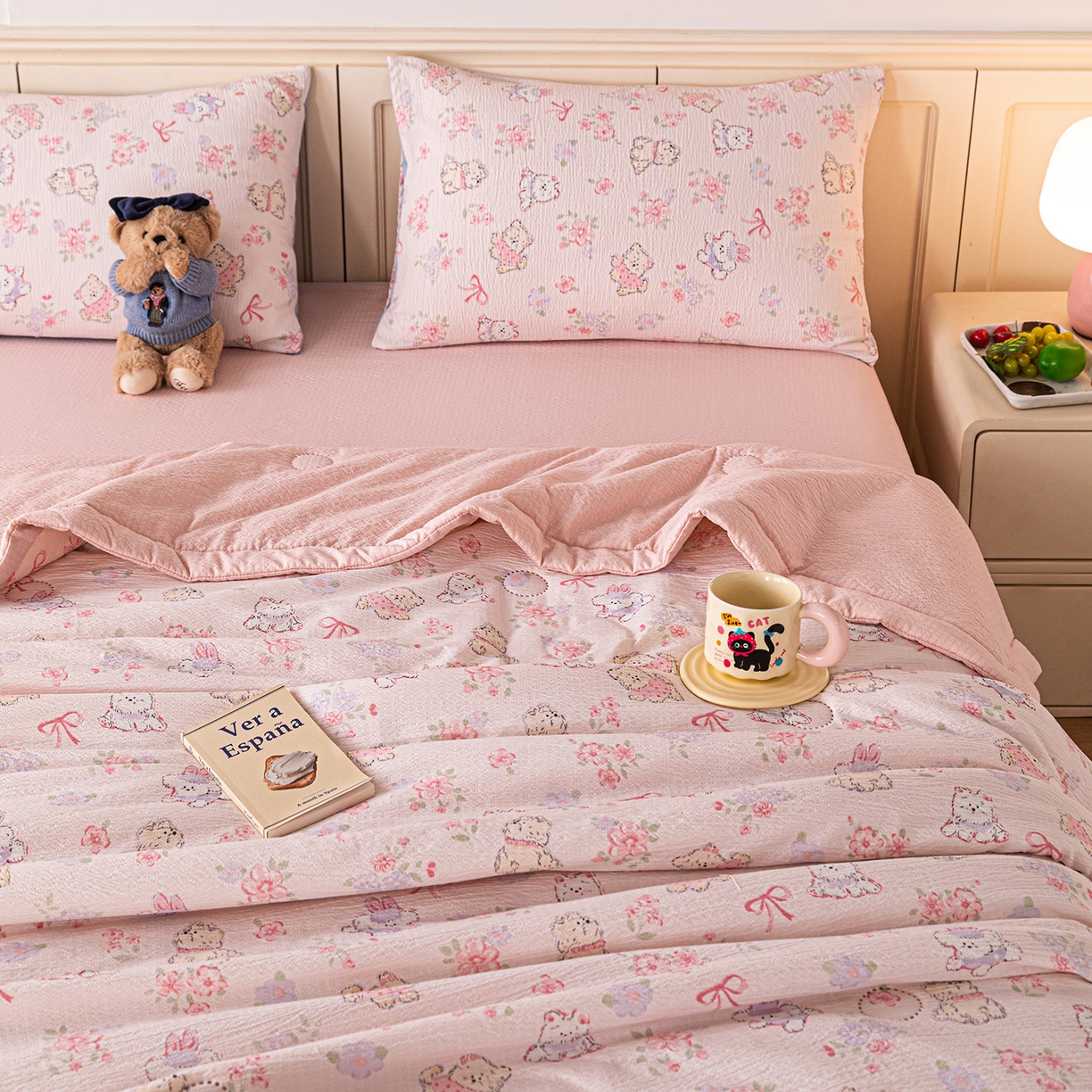 91家纺网 家纺一手货源 找家纺 几禾 2026新款A类云感双层纱夏被木棉皱皱纱棉花被小清新印花夏被夏凉被费尔岛空调被 软萌狗