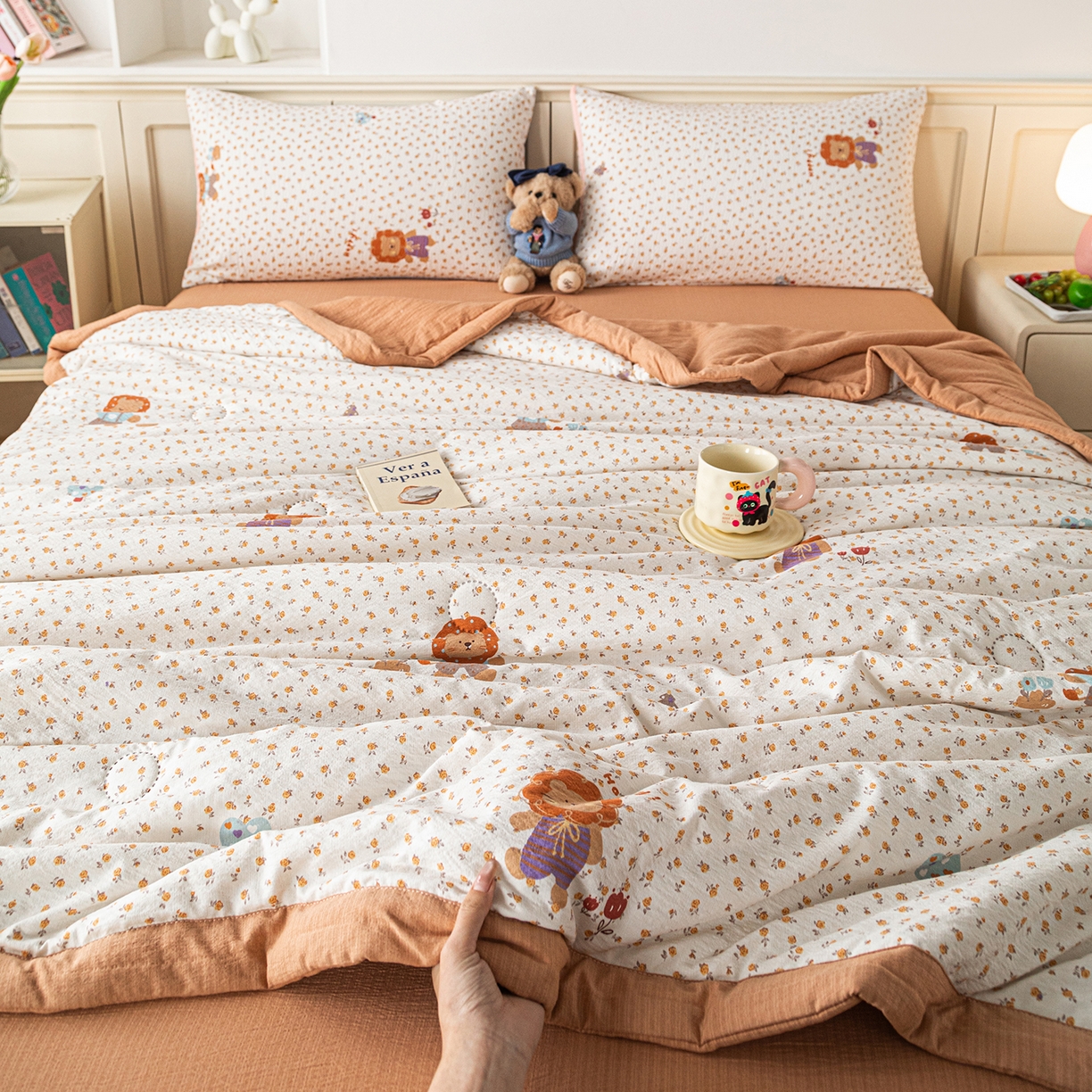 91家纺网 家纺一手货源 找家纺 几禾 2026新款A类云感双层纱夏被木棉皱皱纱棉花被小清新印花夏被夏凉被费尔岛空调被 狮子派对