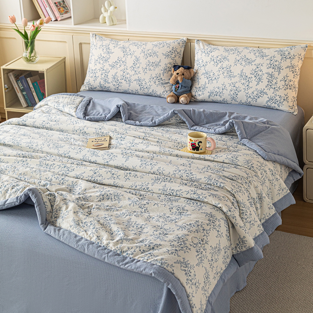 91家纺网 家纺一手货源 找家纺 几禾 2026新款A类云感双层纱夏被木棉皱皱纱棉花被小清新印花夏被夏凉被费尔岛空调被 蓝枝