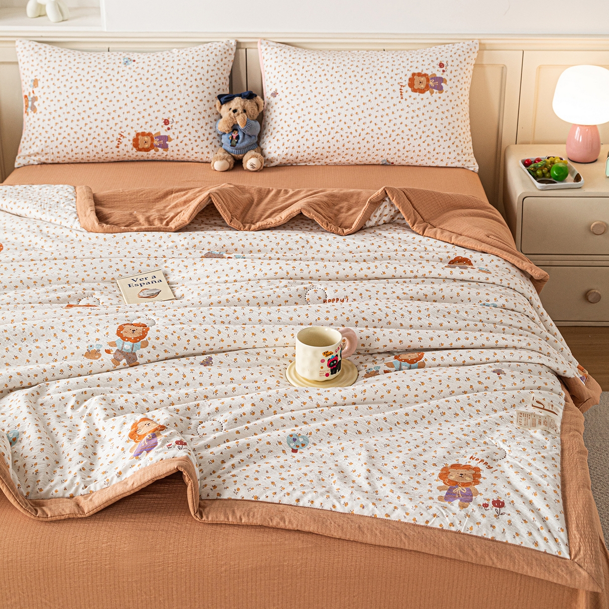 91家纺网 家纺一手货源 找家纺 几禾 2026新款A类云感双层纱夏被木棉皱皱纱棉花被小清新印花夏被夏凉被费尔岛空调被 狮子派对