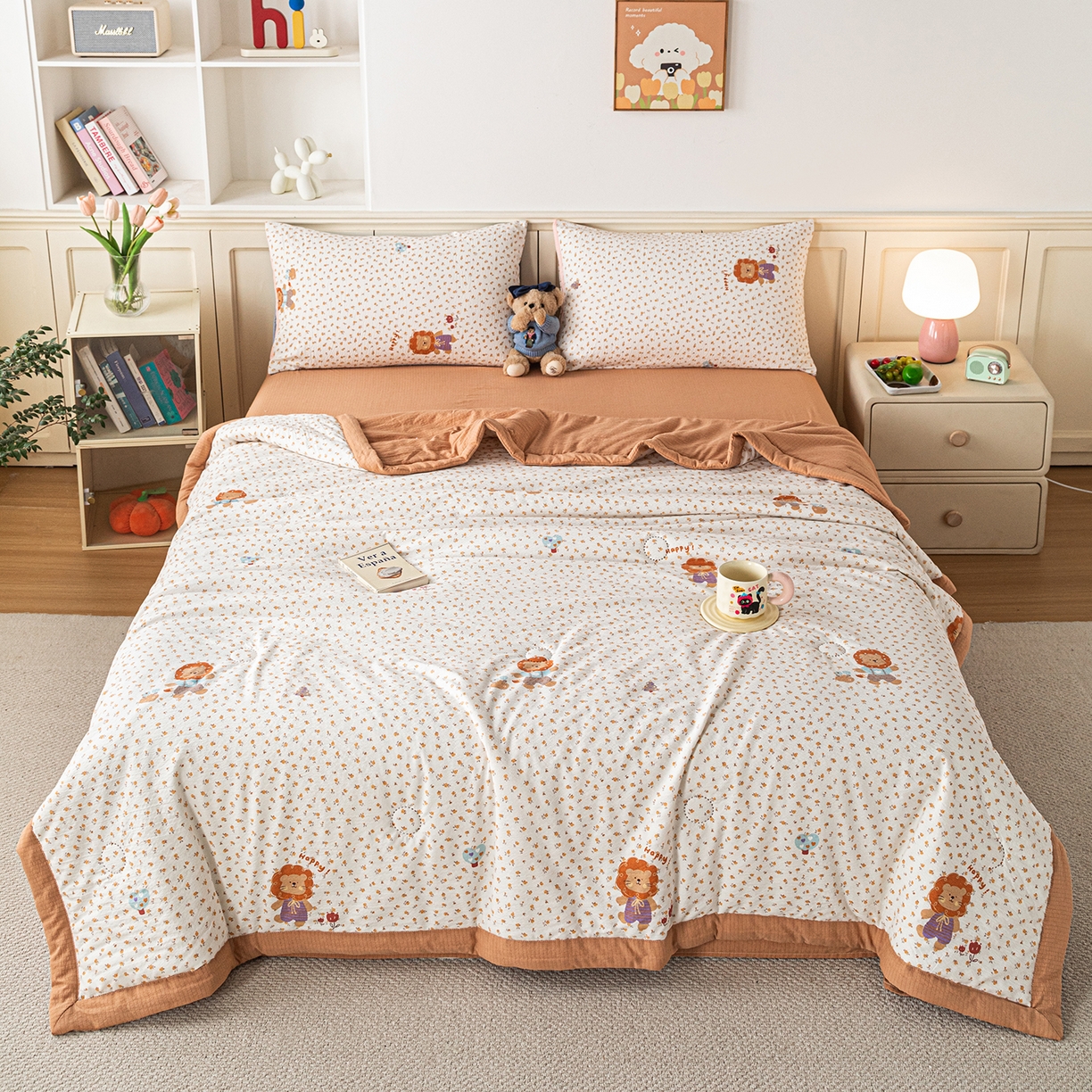 91家纺网 家纺一手货源 找家纺 几禾 2026新款A类云感双层纱夏被木棉皱皱纱棉花被小清新印花夏被夏凉被费尔岛空调被 狮子派对