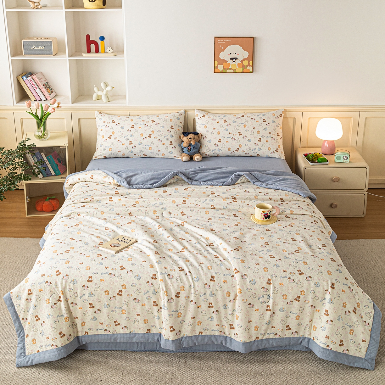 91家纺网 家纺一手货源 找家纺 几禾 2026新款A类云感双层纱夏被木棉皱皱纱棉花被小清新印花夏被夏凉被费尔岛空调被 泡芙狗