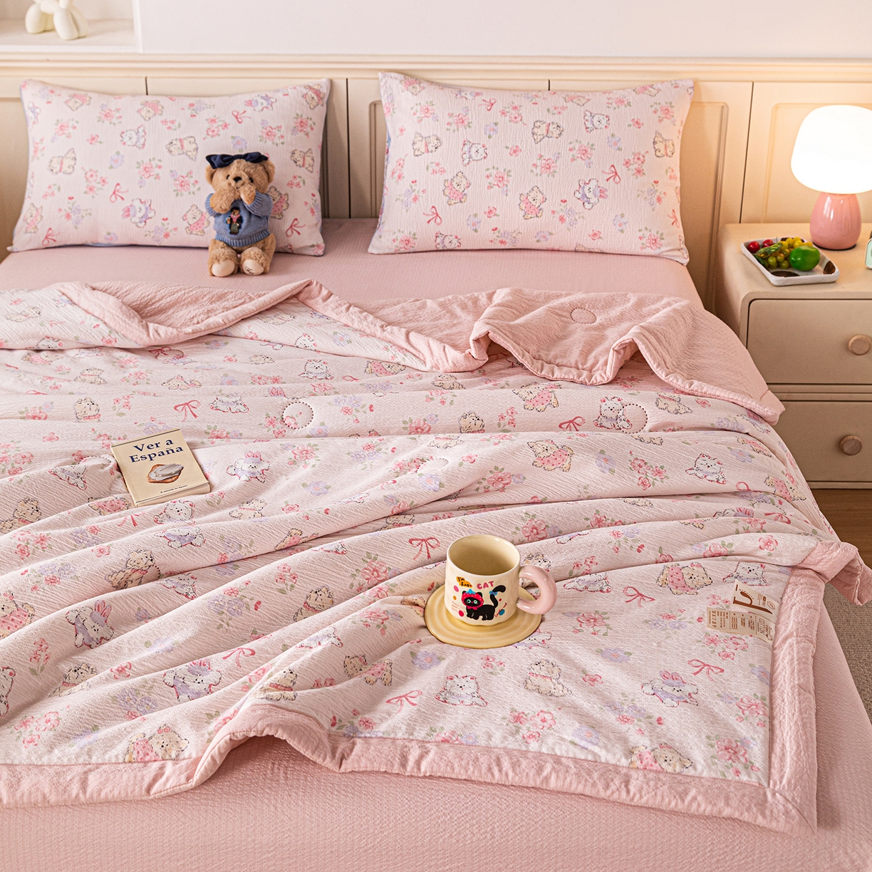 91家纺网 家纺一手货源 找家纺 几禾 2026新款A类云感双层纱夏被木棉皱皱纱棉花被小清新印花夏被夏凉被费尔岛空调被 软萌狗