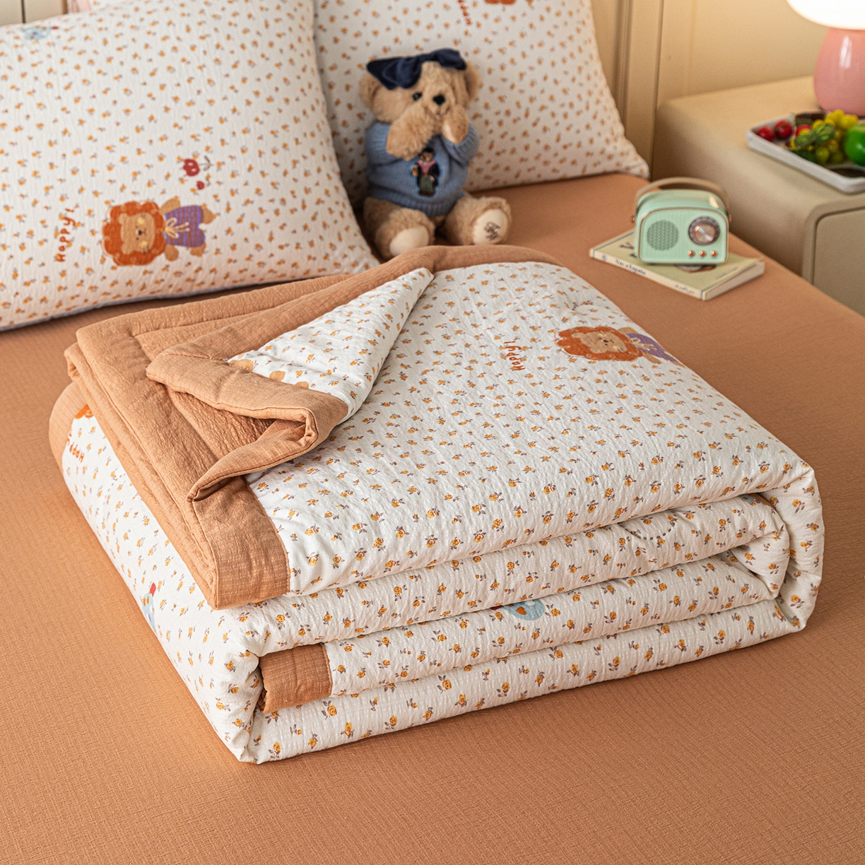 91家纺网 家纺一手货源 找家纺 几禾 2026新款A类云感双层纱夏被木棉皱皱纱棉花被小清新印花夏被夏凉被费尔岛空调被 狮子派对