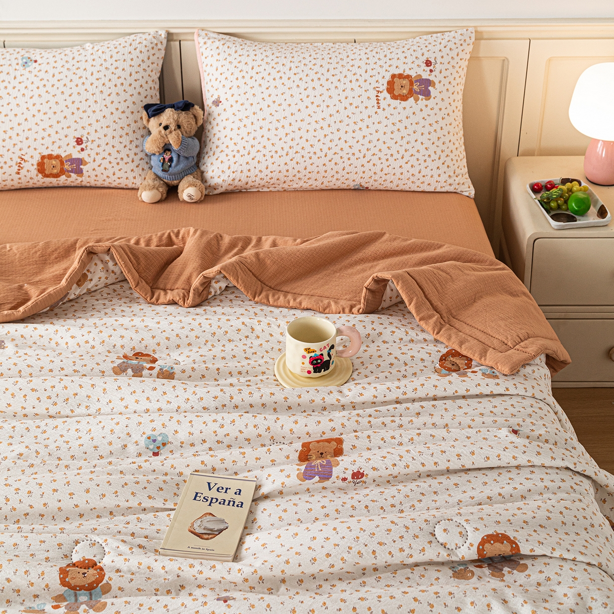 91家纺网 家纺一手货源 找家纺 几禾 2026新款A类云感双层纱夏被木棉皱皱纱棉花被小清新印花夏被夏凉被费尔岛空调被 狮子派对