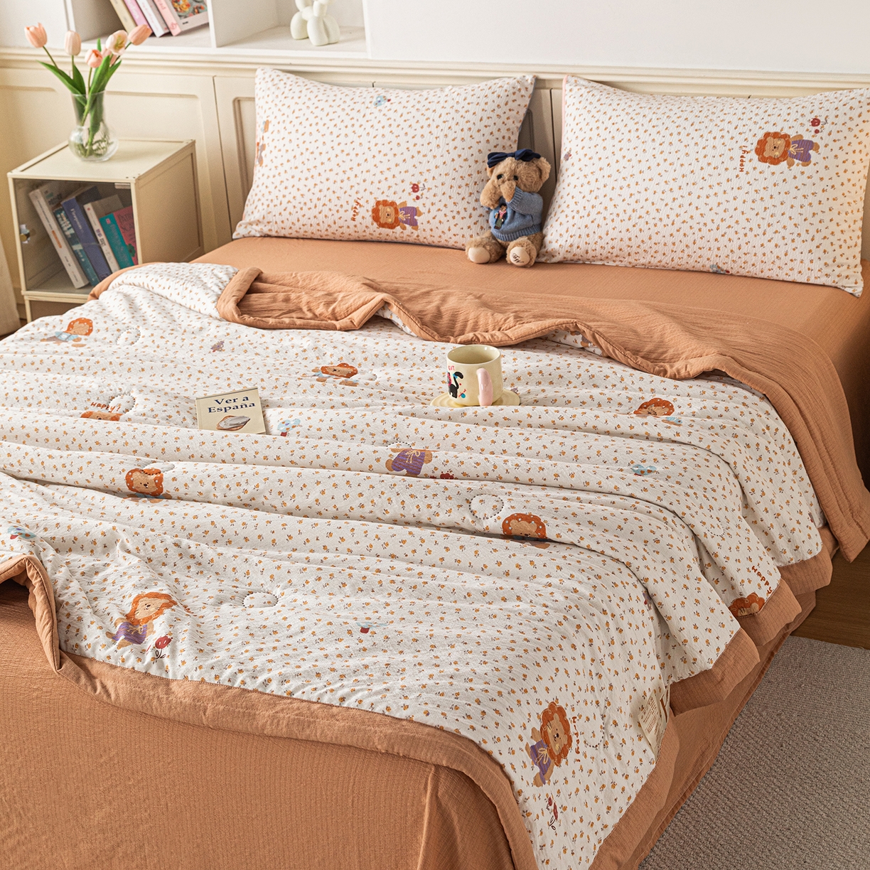 91家纺网 家纺一手货源 找家纺 几禾 2026新款A类云感双层纱夏被木棉皱皱纱棉花被小清新印花夏被夏凉被费尔岛空调被 狮子派对