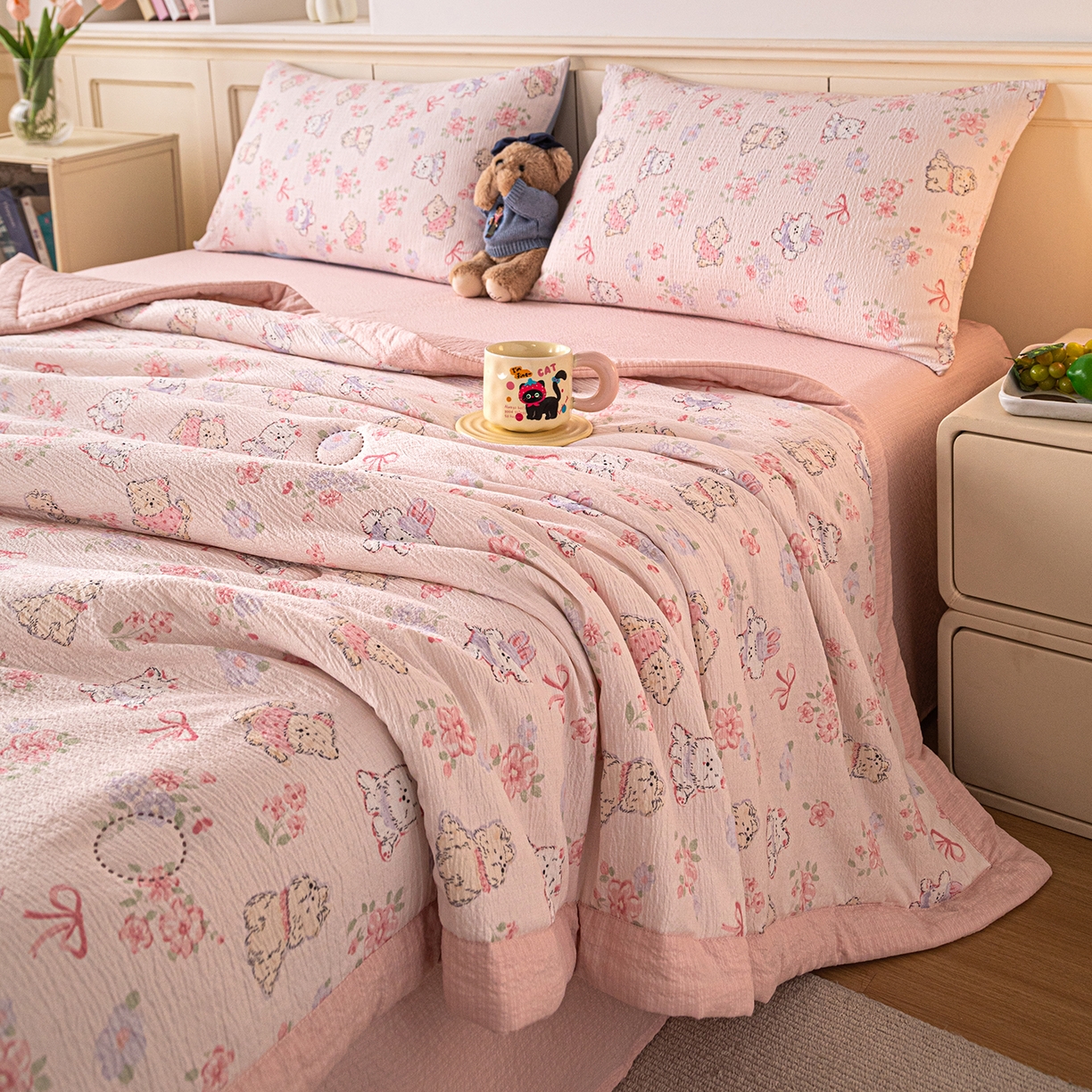 91家纺网 家纺一手货源 找家纺 几禾 2026新款A类云感双层纱夏被木棉皱皱纱棉花被小清新印花夏被夏凉被费尔岛空调被 软萌狗