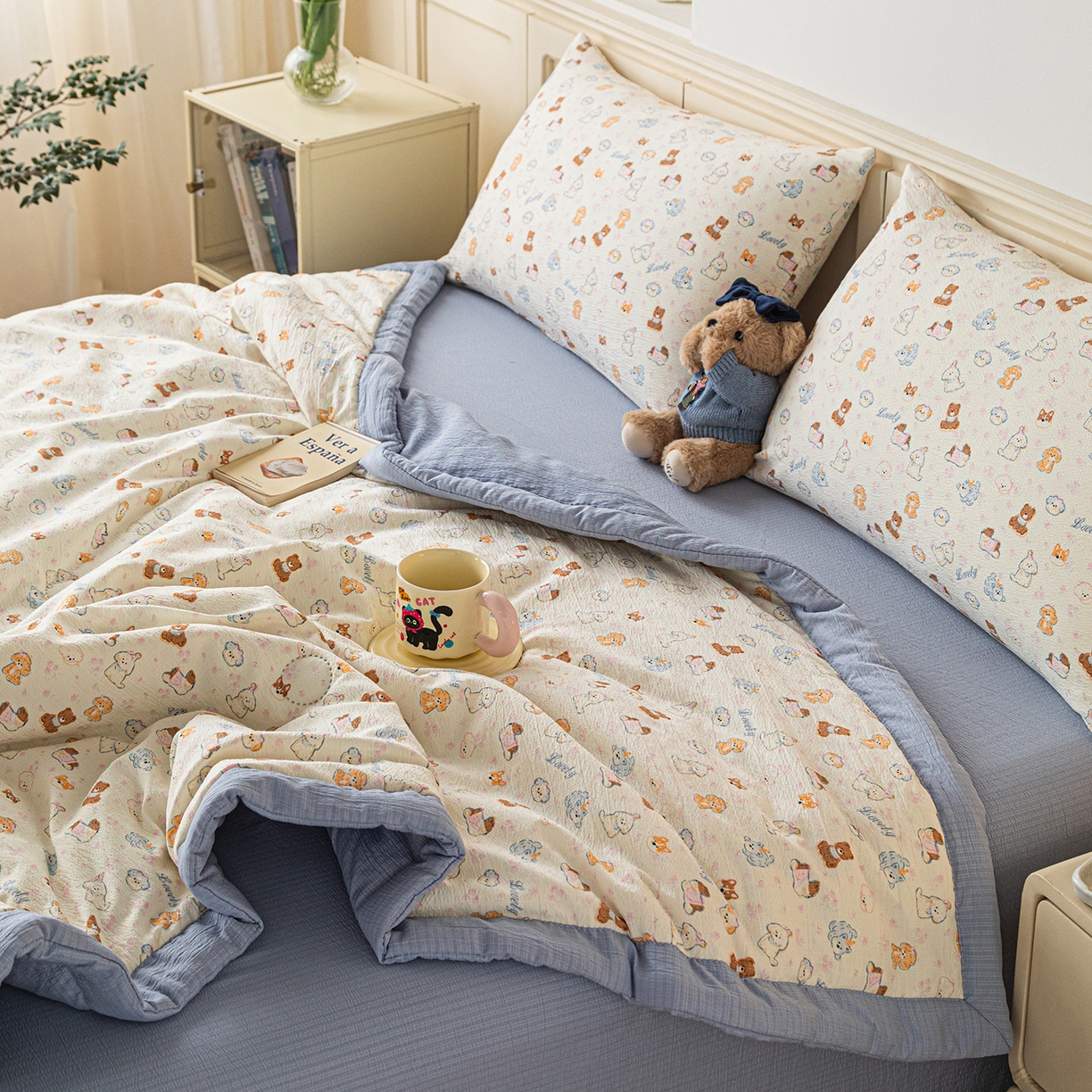 91家纺网 家纺一手货源 找家纺 几禾 2026新款A类云感双层纱夏被木棉皱皱纱棉花被小清新印花夏被夏凉被费尔岛空调被 泡芙狗