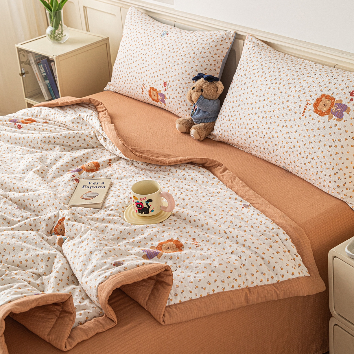 91家纺网 家纺一手货源 找家纺 几禾 2026新款A类云感双层纱夏被木棉皱皱纱棉花被小清新印花夏被夏凉被费尔岛空调被 狮子派对