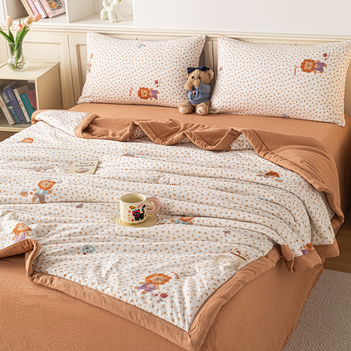 91家纺网 家纺一手货源 找家纺 几禾 2026新款A类云感双层纱夏被木棉皱皱纱棉花被小清新印花夏被夏凉被费尔岛空调被 狮子派对