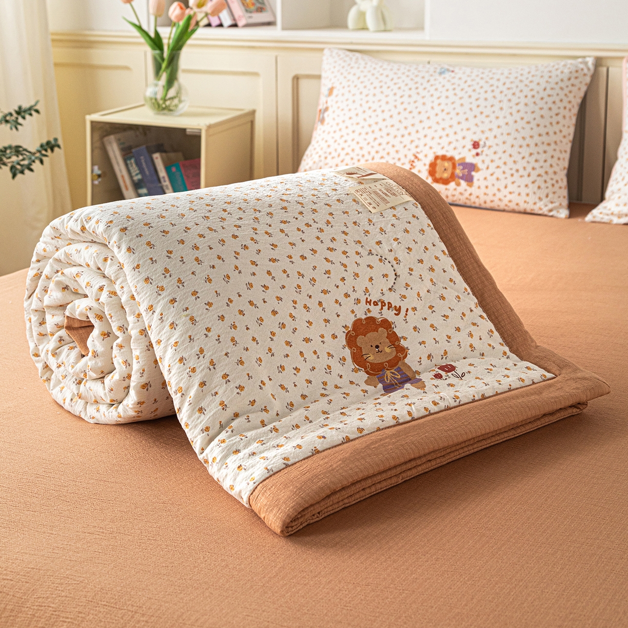 91家纺网 家纺一手货源 找家纺 几禾 2026新款A类云感双层纱夏被木棉皱皱纱棉花被小清新印花夏被夏凉被费尔岛空调被 狮子派对